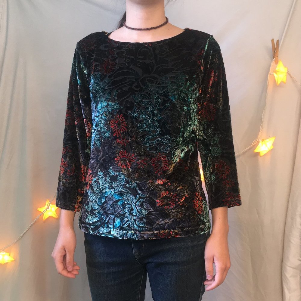 Coldwater Creek Black Green Velvet Shirt